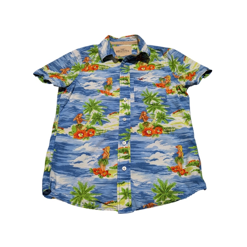 Hollister Button Down Shirt Mens S Blue Hula Girl Tropical Hawaiian Short Sleeve